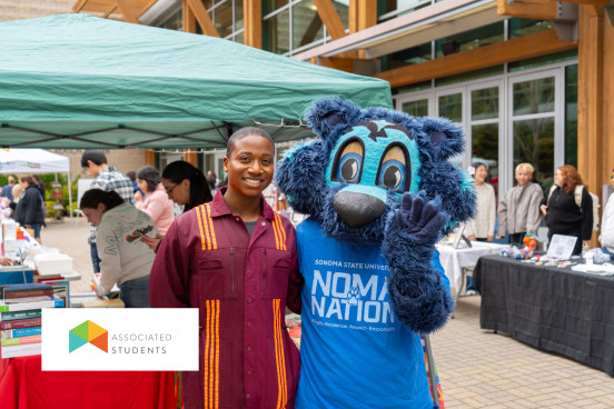 Lobo and a student posing at an Associated Students event in the SSU Seawolf Plaza